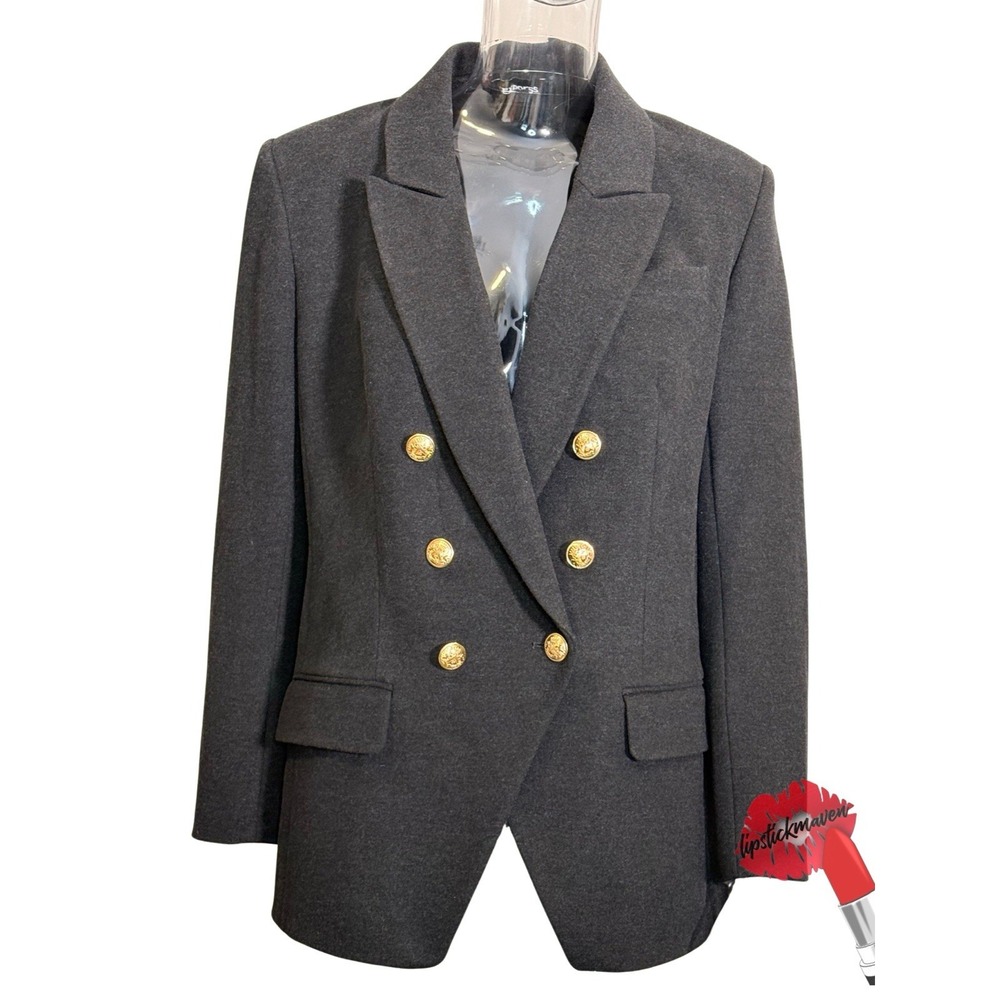 Express Blazer Women‎ Large Black Double Breasted Wool Tuxedo Jacket Preppy